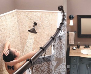Adding a high-quality Moen showerhead and Tension Curved Shower Rod can help create a sensational shower space.