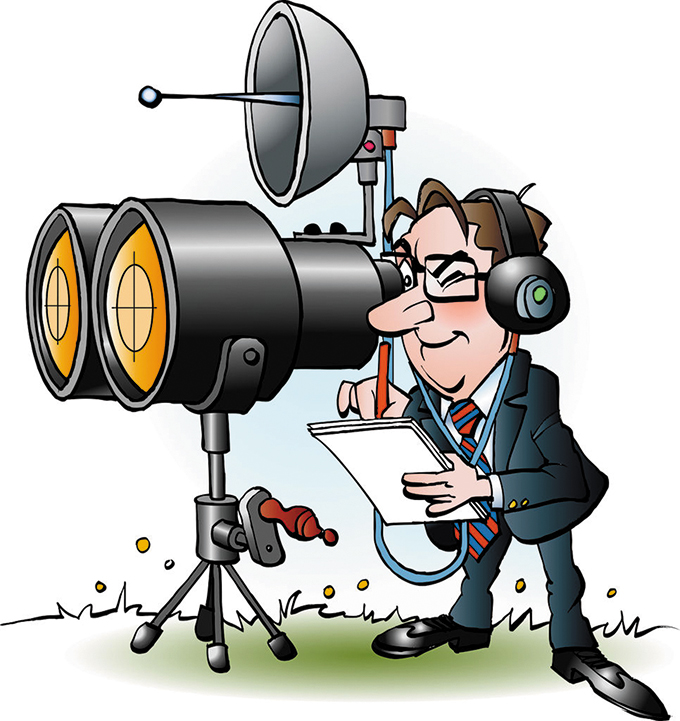 Vector cartoon illustration of a businessman in marketing looking through binoculars